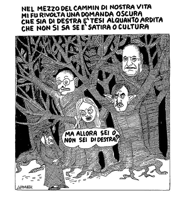 vignetta-giannelli-Dante-selva-oscura-Meloni-domanda-se-e-di-destra