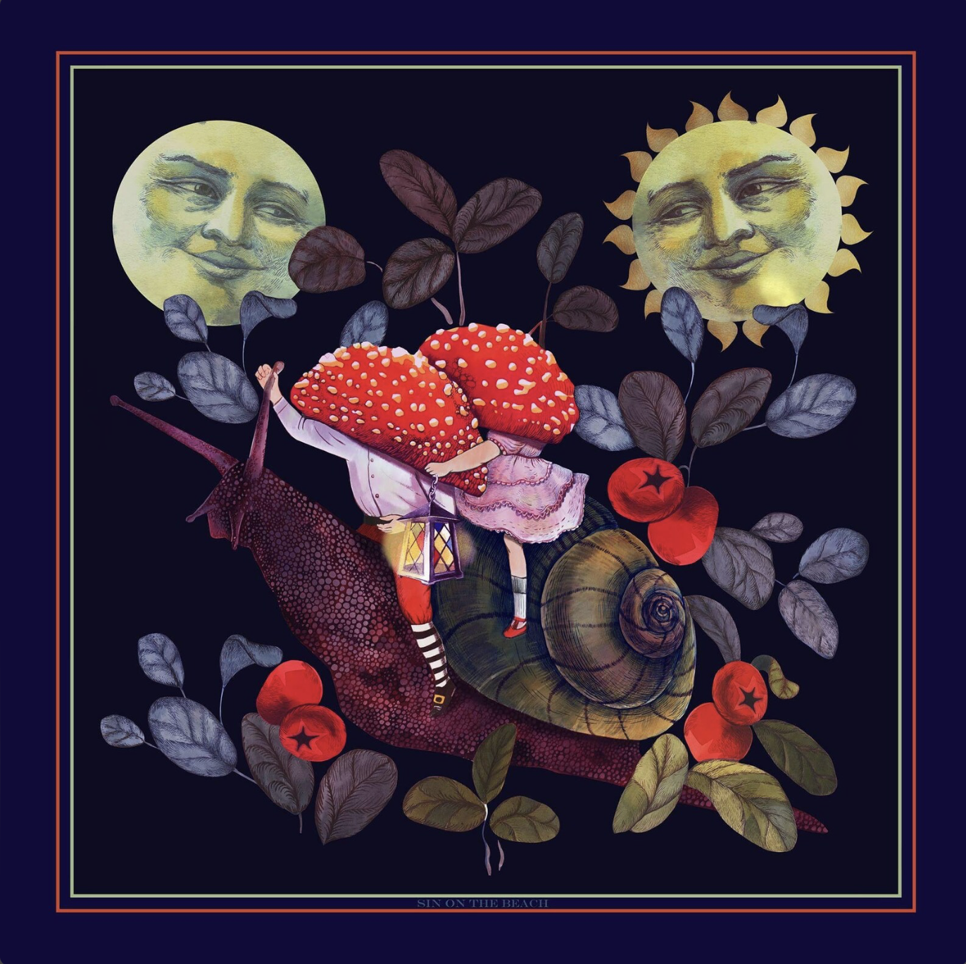image-of-twill-silk-scarf-featuring-a-moon-and-sun-and-two-mushroom-headed-characters